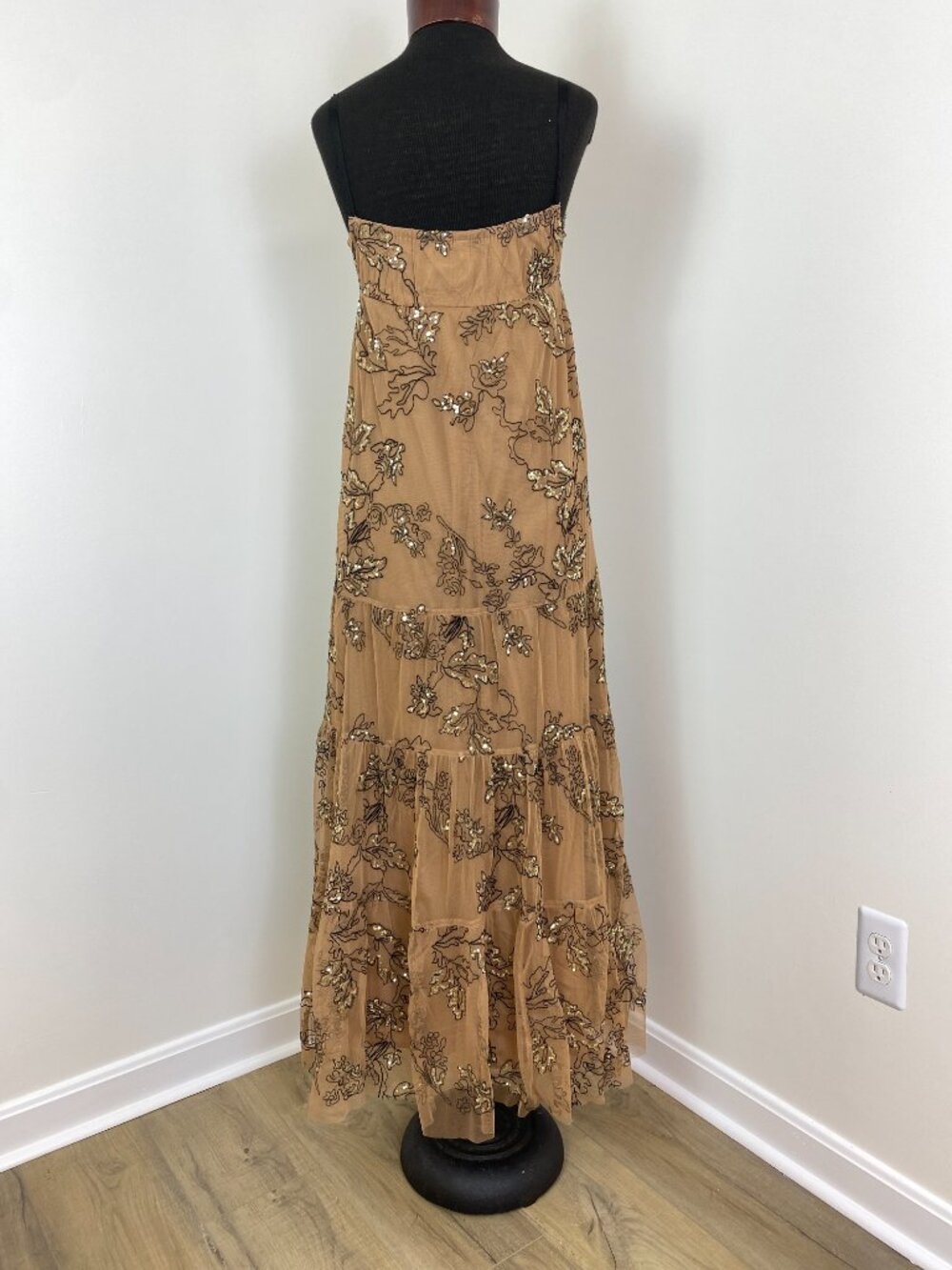 Anthropologie Sequined Tulle Midi/Maxi Dress Tan Embroidered Wedding Guest XS - Picture 4 of 12